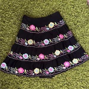 Nanette Lepore Black Silk Skirt with Colorful Floral Embroidery